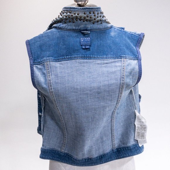 Guess M Sleeveless Jean Jacket Vest Layer Studded Collar Pattern Back Crop Top - Picture 15 of 16